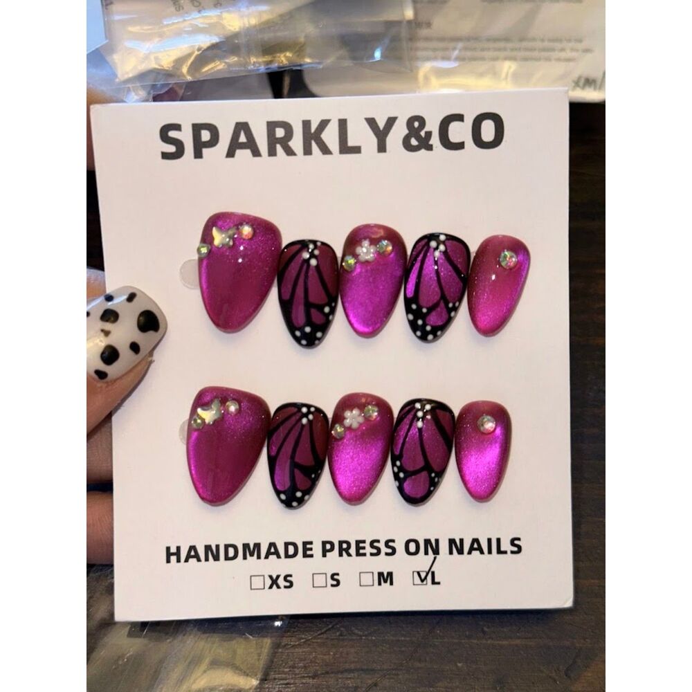 Purple Butterfly Cateye Almond Press On Nails Size Large